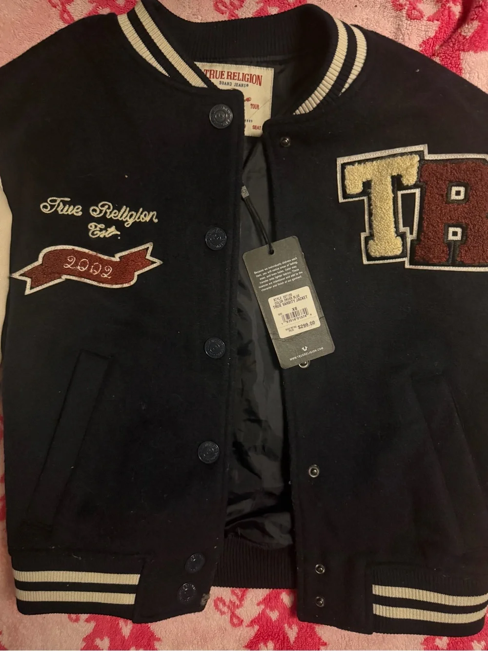 True Religion Black Varsity Jacket with Cream & Brown Patches
